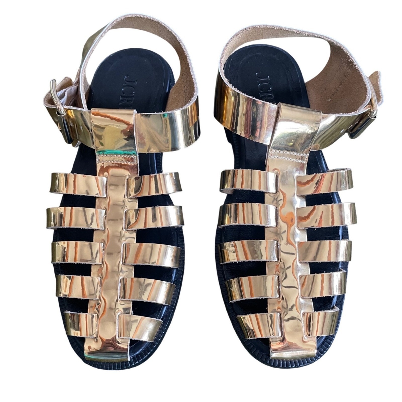 J.Crew Womens Metallic Gold Leather Fisherman Sandals Caged Buckle Flat Size 6